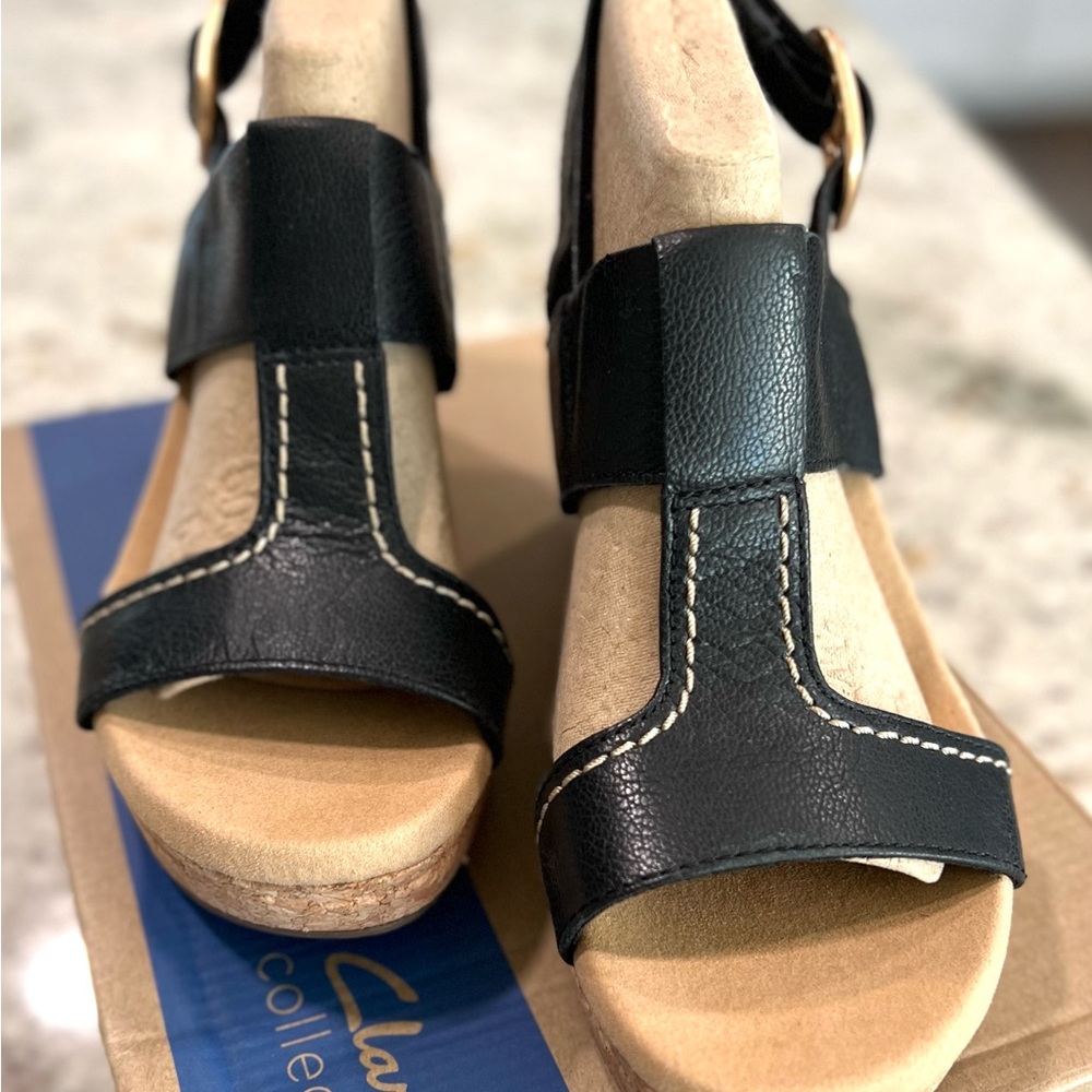 Clarks Collection Black Leather Cork Wedges "NEW" - Picture 12 of 16